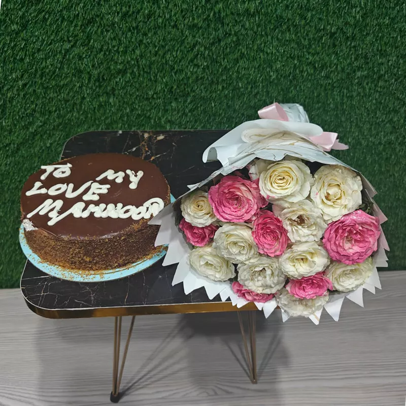 Mixed pink and white roses bouquet with custom personalized chocolate cake