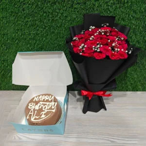 Red roses bouquet with small chocolate "Happy Birthday Ali" cake gift set