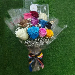 Bouquet of a dozen brightly dyed multicolored roses (blue, pink, black, yellow) and baby's breath