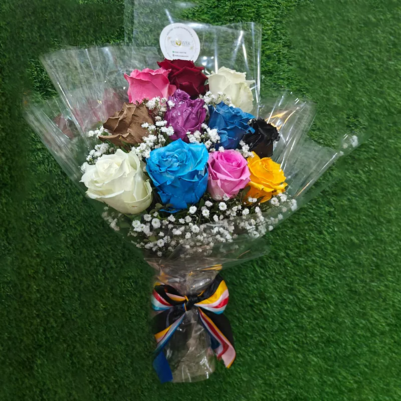 Bouquet of a dozen brightly dyed multicolored roses (blue, pink, black, yellow) and baby's breath