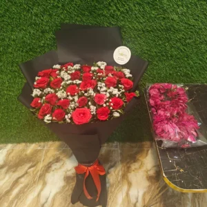 50 Red Roses bouquet with a separate packet of rose petals (shaped like an initial)