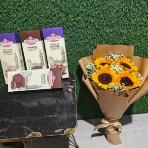 Sunflowers bouquet in rustic Kraft wrap paired with Bismarck premium cookie boxes
