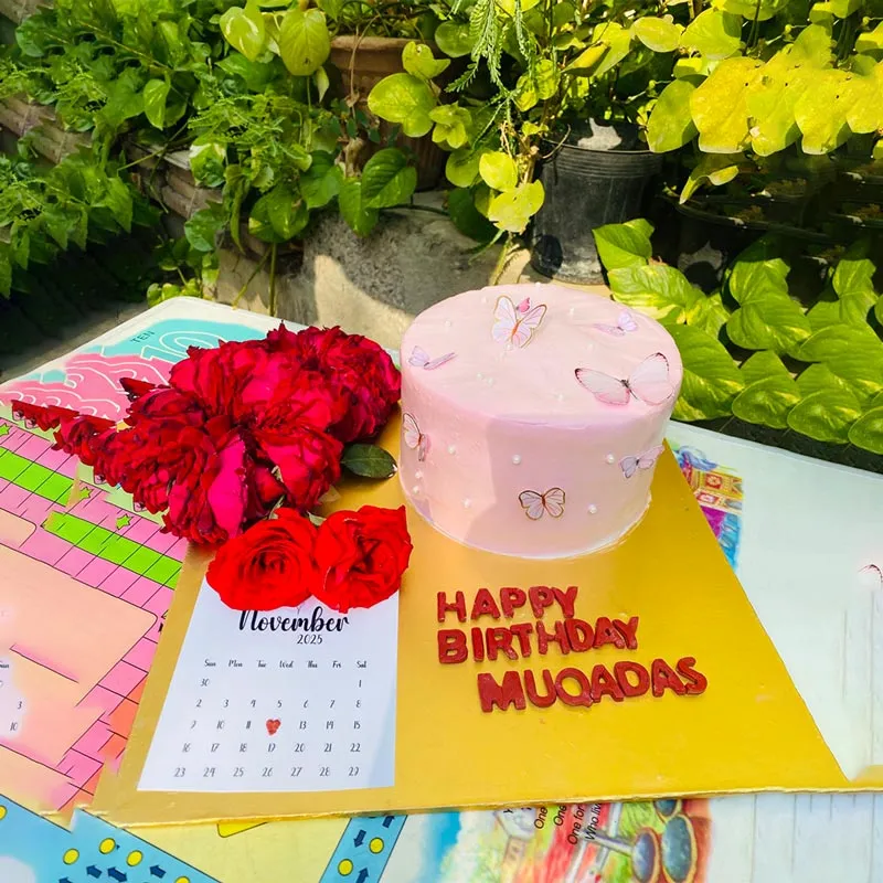 Personalized pink butterfly birthday cake with custom name plate and date