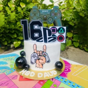 Vintage heart cake with blue floral piping and custom edible photo center