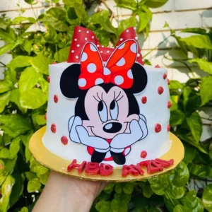 Minnie Mouse theme kids cake with red polka dots and large fondant bow